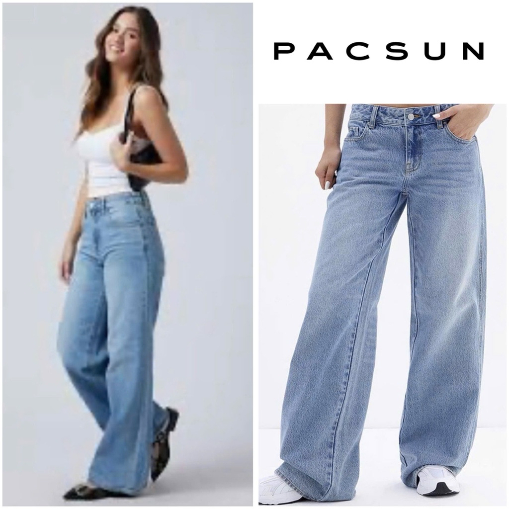 PACSUN Wide leg Jeans กางเกงยีนส์สีเข้มฟอก เอวต่ำ ทรงสวย เท่ ใส่ได้บ่อย งานแท้
