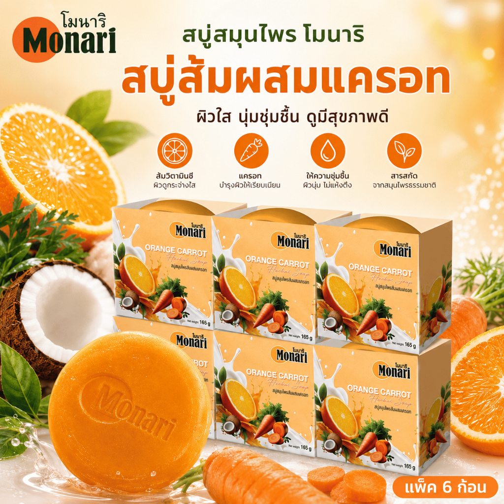 โมนาริ สบู่ผสมสมุนไพรส้ม แครอท ขนาด165กรัม แพ็ค 6 ก้อน
