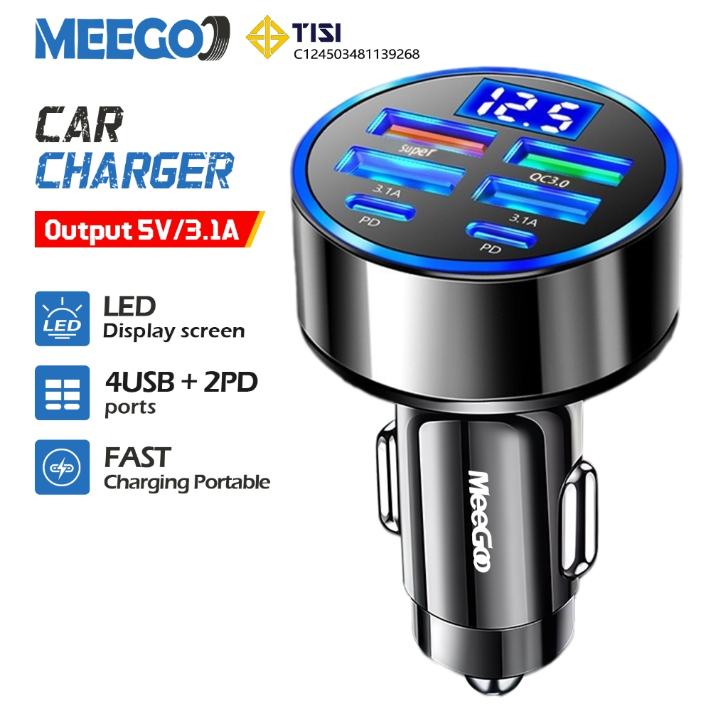 MeeGoo หัวชาร์จ ที่ชาร์จในรถยนต์ 6พอร์ต แบบจอแสดงผลดิจิตอล 12/24V USB พอร์ต PD