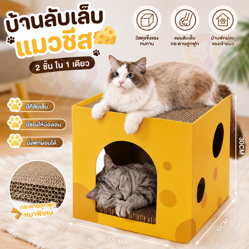 99PET  กล่องลับเล็บชีส(พร้อมส่งจากไทย) 🐱 ลับเล็บได้ 2 ชั้น คอนโดแมว ที่รับเล็บแมว