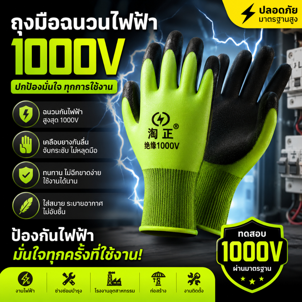 TAOZHENGถุงมือฉนวน 1000 โวลต์, ถุงมือป้องกันไฟฟ้า, ถุงมือช่างไฟฟ้า, ยางกันลื่น