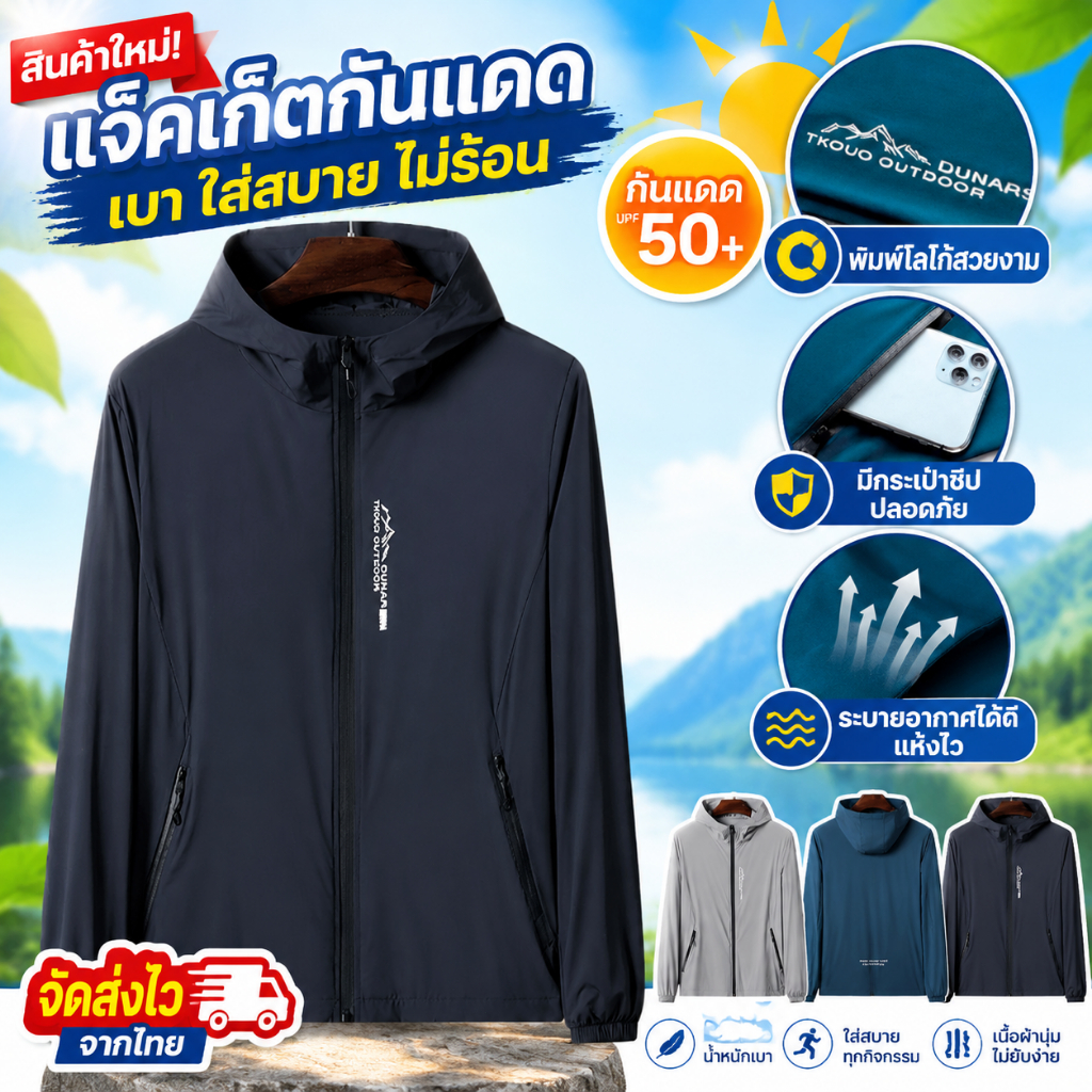UPF 50 Fashion เสื้อคลุมกันแดดกันลม ผ้าร่ม ใส่ได้ทั้งชายเเละหญิง มีฮู้ด ระบายอากาศ ป้องกันแสงแดด