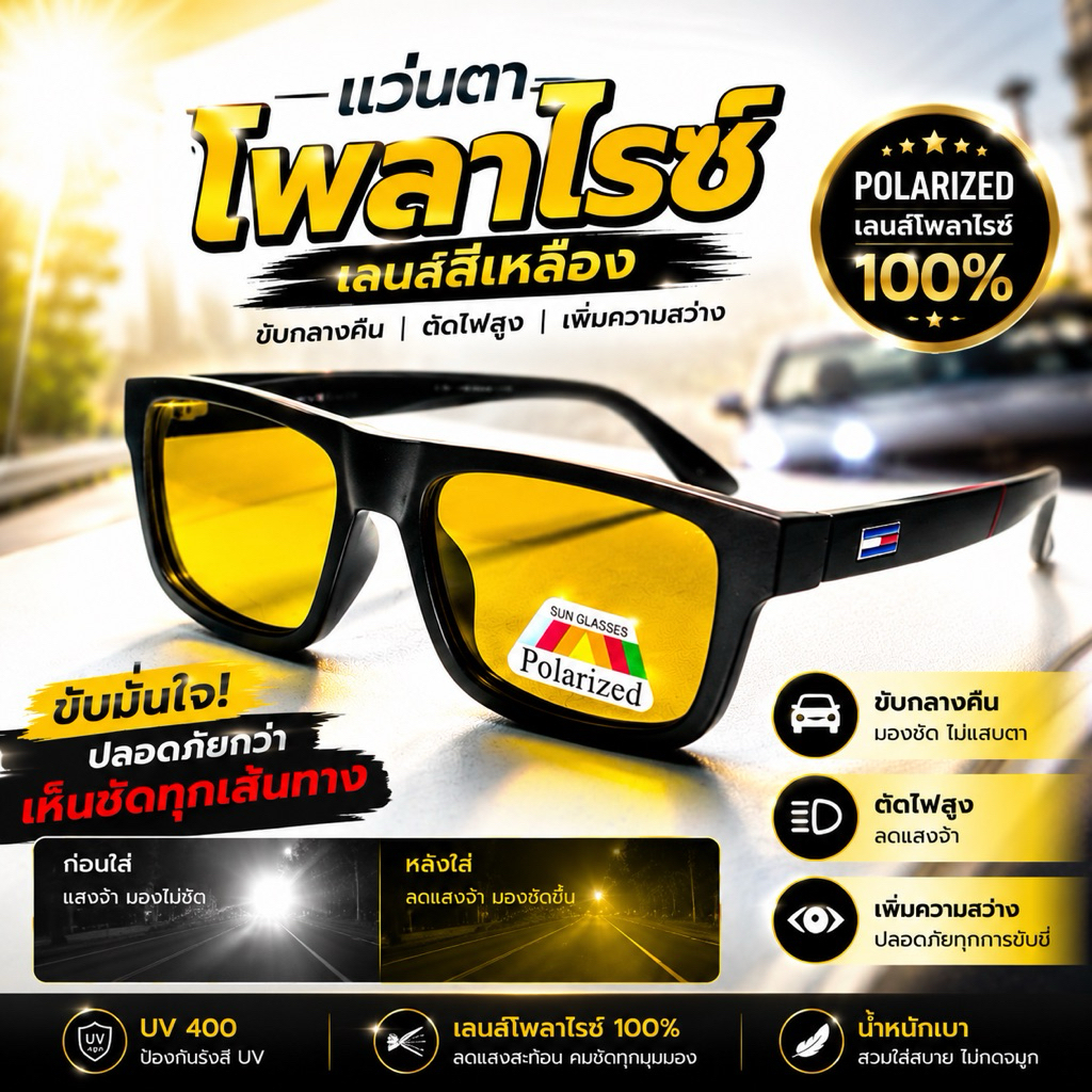 แว่นตัดแสงสำหรับกลางคืนเลนส์โพราไรซ์สีเหลือง