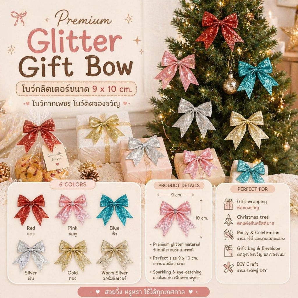 【1 ชิ้น】* โบว์กลิตเตอร์ขนาด 9 x 10 cm. โบว์กากเพชร โบว์ติดของขวัญปีใหม่ Premium Glitter Gift Bow – Christmas [BW-0016]