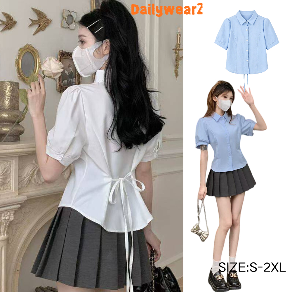 Dailywear พร้อมส่ง ✨เสื้อเชิ้ตแขนพองสไตล์คอลเลจ มีดีเทลเชือกผูกเอว เสื้อผ้าสตรีฤดูร้อน ดีไซน์สุดฮิตสไตล์ส่วนตัว