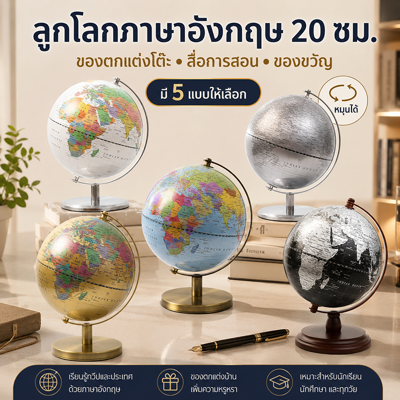 ลูกโลกภาษาอังกฤษ 20 ซม. ลูกโลกจำลอง แผนที่โลก หมุนได้ สื่อการสอน ของตกแต่งโต๊ะ ของขวัญ