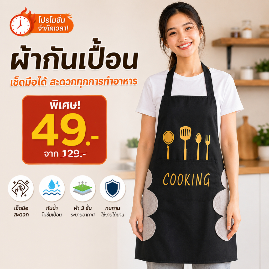 ผ้ากันเปื้อนกันน้ำ กันน้ำมัน ผ้ากันเปื้อนทำครัว ชายหญิง มีผ้าเช็ดมือ เอี๊ยมทำอาหาร สำหรับใช้ในบ้าน