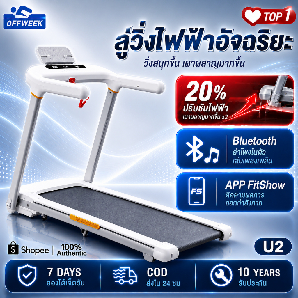 ลู่วิ่งไฟฟ้า U2 ลู่วิ่ง 5.0HP ปรับความลาดชันไฟฟ้า 20 เกียร์ แอป "FITSHOW" อัจฉริยะ ปรับระดับความเร็ว 18 ระดับ