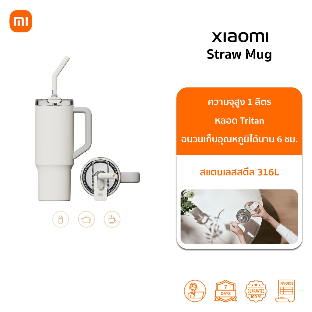 Xiaomi Straw Mug แก้วน้ำ แก้วน้ำแบบพกพา แก้วน้ำพร้อมหลอด | ความจุ 1L | ภายในทำจากสแตนเลส 316L | รักษาอุณหภูมิได้นาน 6h