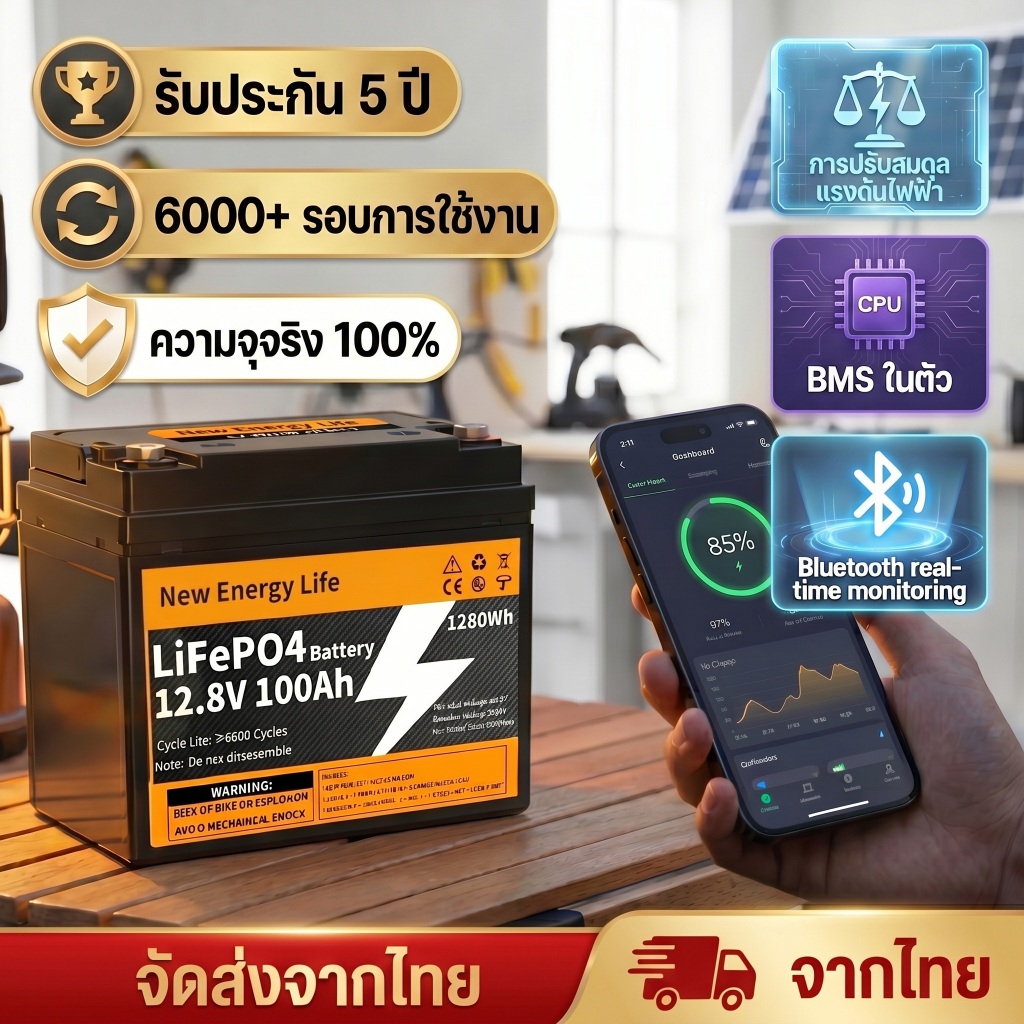 （เริ่มบลูทูธ）บลูทูธ แบตลิเธียม 12V 100Ah 280Ah แบตเตอรี่ LiFePO4 Battery 15000 รอบ เซลล์เกรด A  BMS 