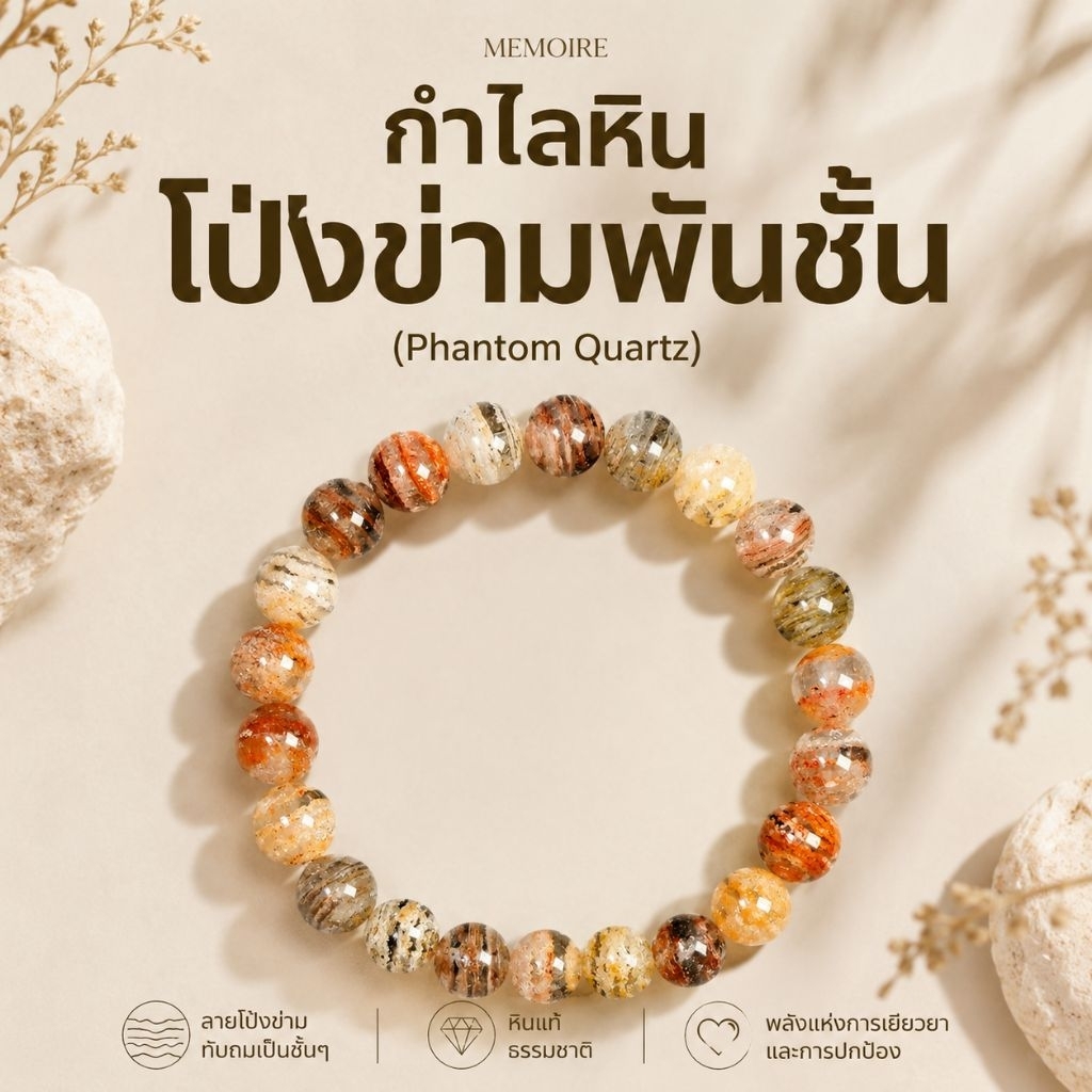กำไลหินโป่งข่ามพันชั้น Phantom Quartz สีเอิร์ธโทน | หินธรรมชาติแท้ เสริมพลังบวก สไตล์มินิมอล