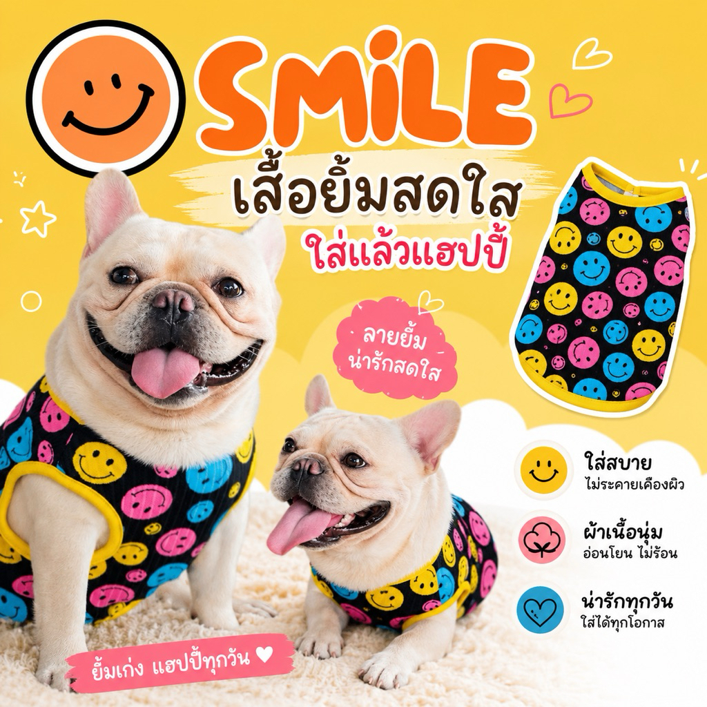 🇹🇭พร้อมส่ง🇹🇭 เสื้อแขนกุดลายยิ้ม พิมใจ เสื้อหมา เสื้อแมว เนื้อผ้าร่อง นุ่ม ใส่สบาย