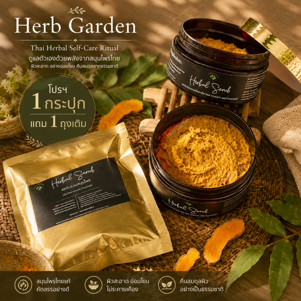 สครับขมิ้น+ไพล+ทานาคา+ว่านนางคำ(ซื้อ1กระปุกFree1ถุงเติม) สครับสมุนไพร ขัดแล้วผิวใสเหมือนแช่น้ำนม