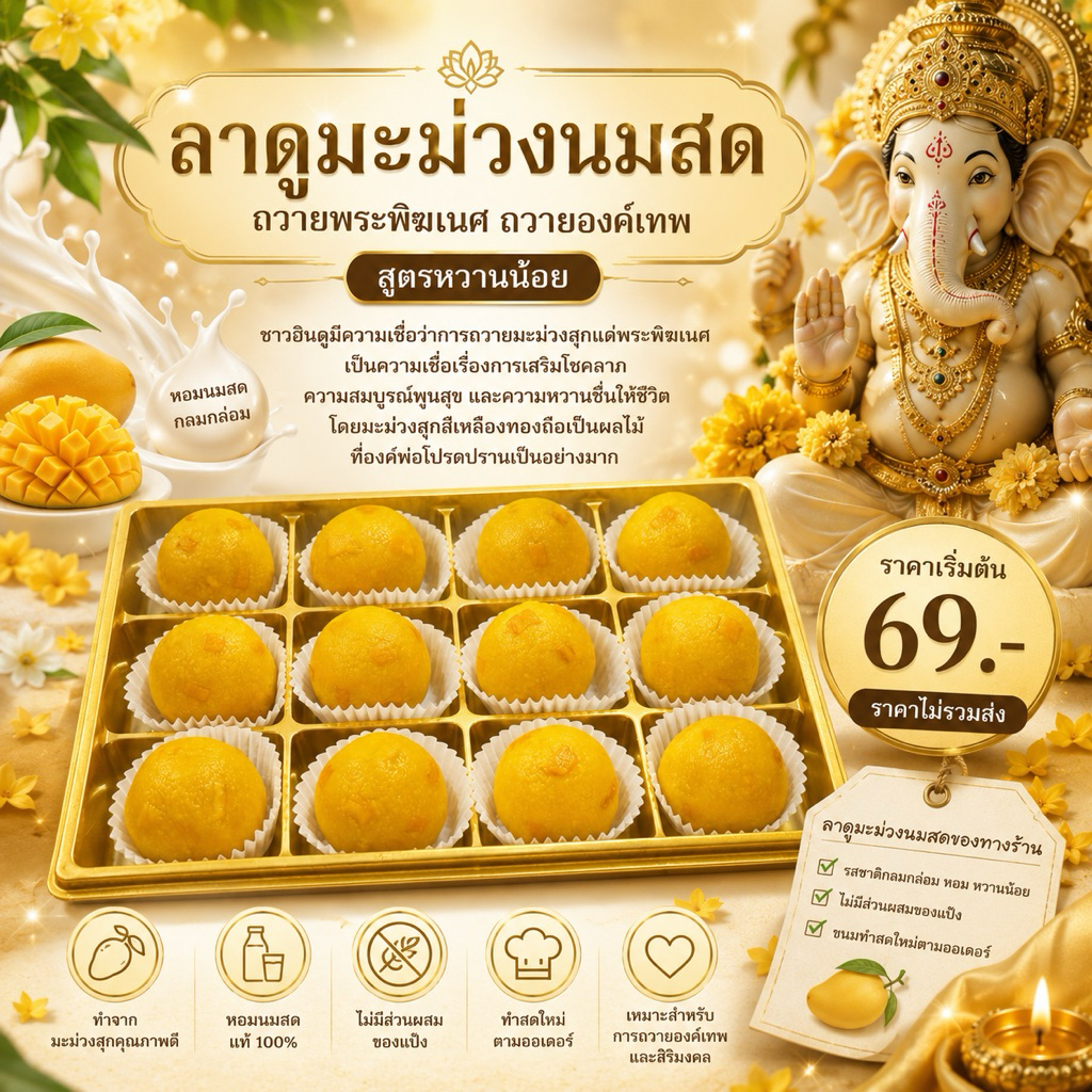 ลาดูมะม่วงนมสด 🥭 🥭 ถวายพระพิฆเนศ ถวายองค์เทพ สูตรหวานน้อย🕉️ ขนมลาดูโมทะกะ
