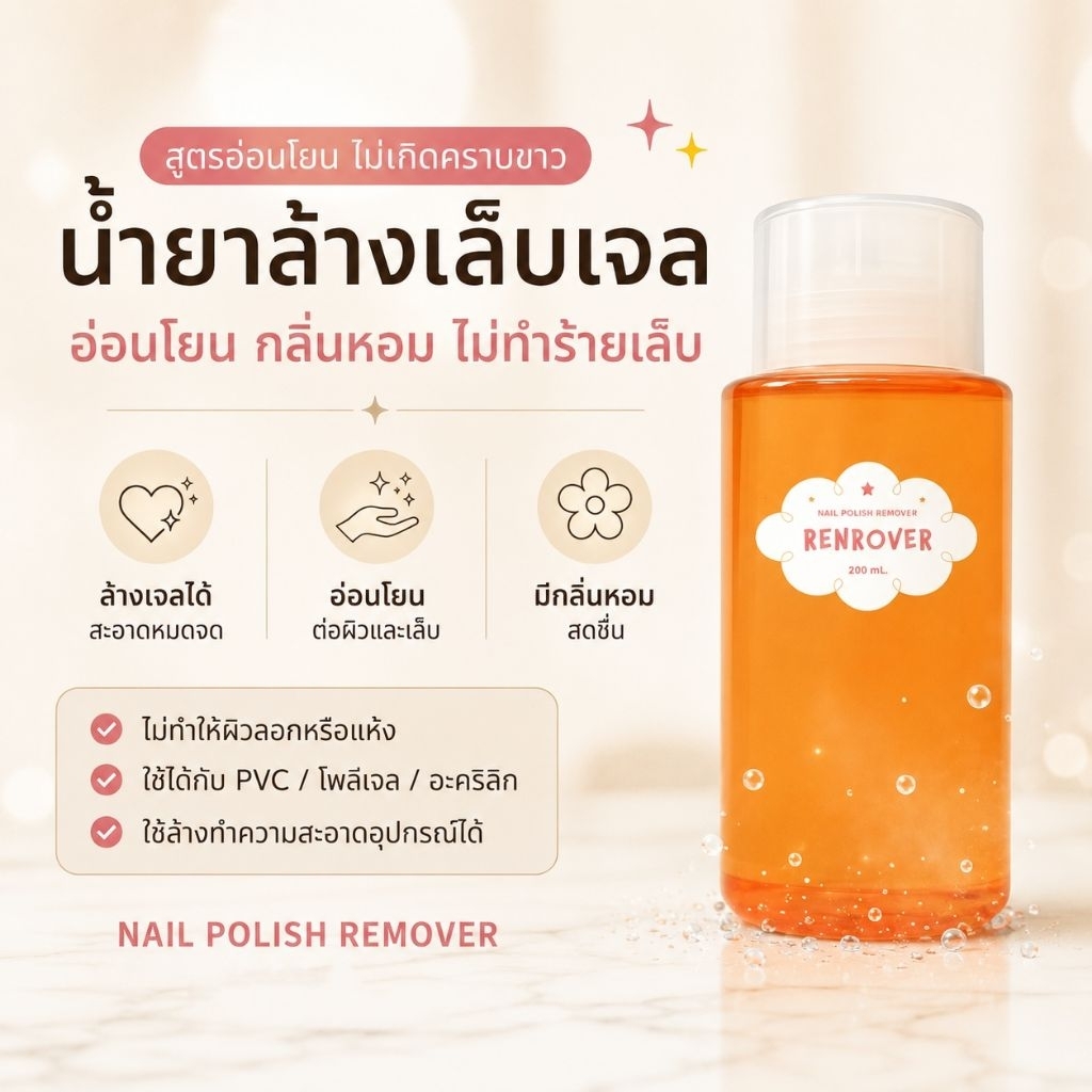 จัดส่งทันที  ♡ RENROVER น้ำยาล้างเล็บเจล ขวดปั้ม ถอด pvc ไม่แสบผิว ล้างออกง่าย 200 ml.