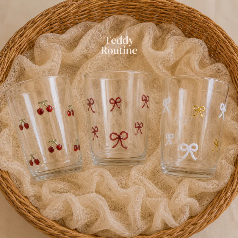 Pre10วัน แก้วโบว์ แก้วเชอรี่ แก้วบอโรซิลิเกต Premium quality ทนความร้อน ลายHandmade จุ400ml