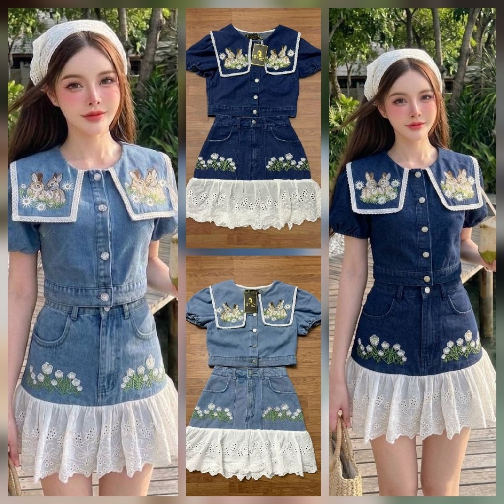 682💘อ่อนมีS,M,L,XL,3xl,4xl💘เข้มมีS,M,L,XL,2xl,3xl[เอวเล็ก1"]เซตเสื้อกระโปรงยีนส์ชายแต่งฉลุ