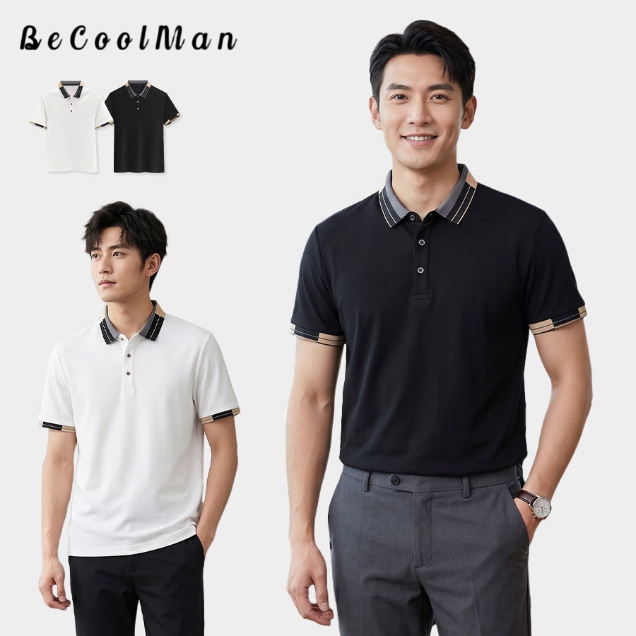 💥BecoolMan💥เสื้อโปโลผู้ชาย ปกพับสีตัดกัน ผ้าระบายอากาศ เสื้อผู้ชายฤดูร้อน แบบหลวมลำลอง ธุรกิจ แฟชั่นแมทช์ง่าย