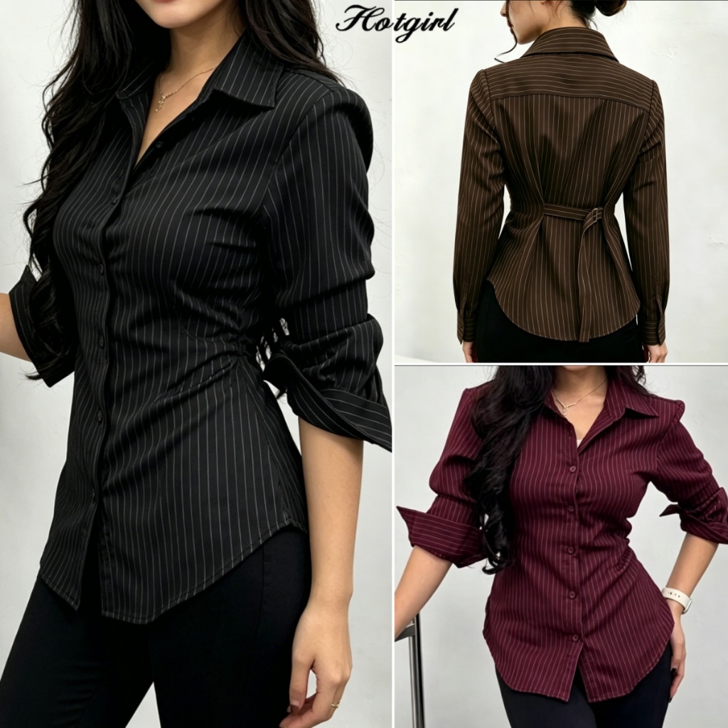 Hotgirl พร้อมส่ง เสื้อเชิ้ตแขนยาวลายทางทรงแฟชั่นเกาหลีสำหรับผู้หญิง มีปกและกระดุมหลังเอวยางยืด หลายสี สวมใส่ง่ายทุกวัน