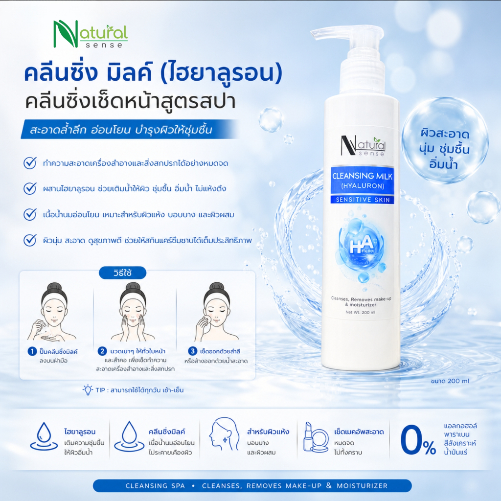 CLEANSING MILK (HYALURON) คลีนซิ่ง มิลค์ เกรดคลินิค ทำความสะอาดผิวหน้า คลีนซิ่งเช็ดหน้า 200ml (NS)