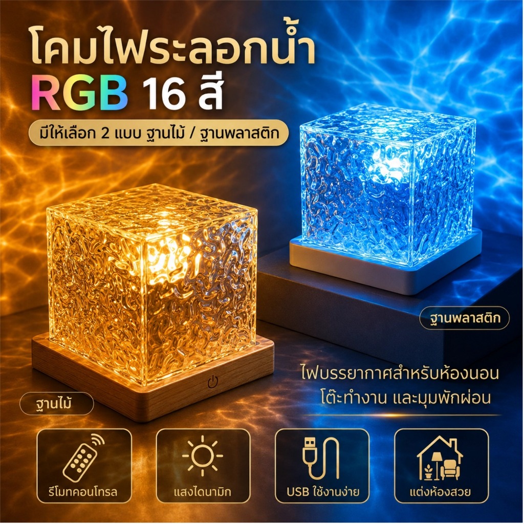 โคมไฟลายน้ำ LED 16 สี RGB โคมไฟคริสตัล ไฟบรรยากาศแต่งห้อง หรี่แสงได้ พร้อมรีโมทคอนโทรล USB