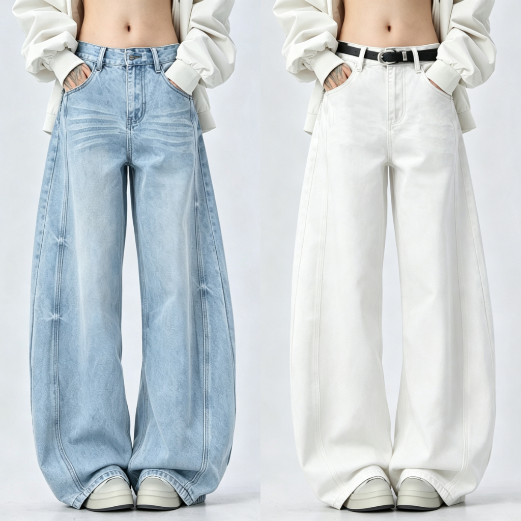 ทรงบาเรล กางเกงยีนส์ สไตล์เกาหลี แนววินเทจ เท้ากว้าง สวยๆเก๋ๆ Clothing Jean Lady ผู้หญิง