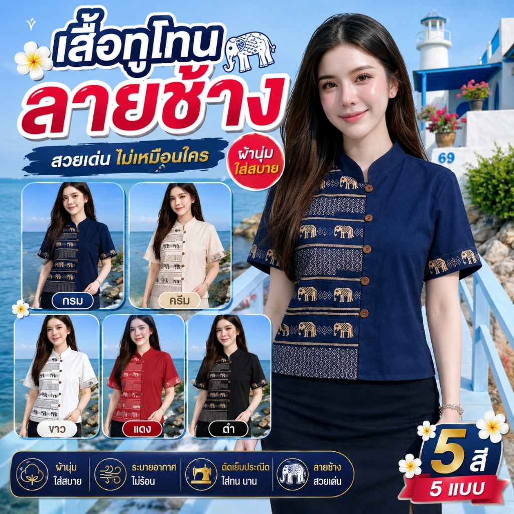 เสื้อคอจีนลายช้าง - ทูโทนหญิง