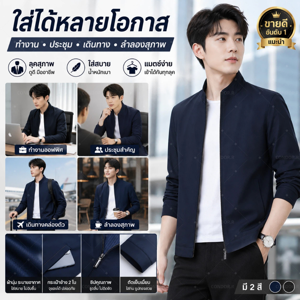 CONDOR.R แจ็คเก็ตผู้ชายแขนยาว เนื้อผ้าโพลีเอสเตอร์ 100% ไม่ย้วย ใส่สบาย สีดำ น้ำเงิน สไตล์เรียบง่าย