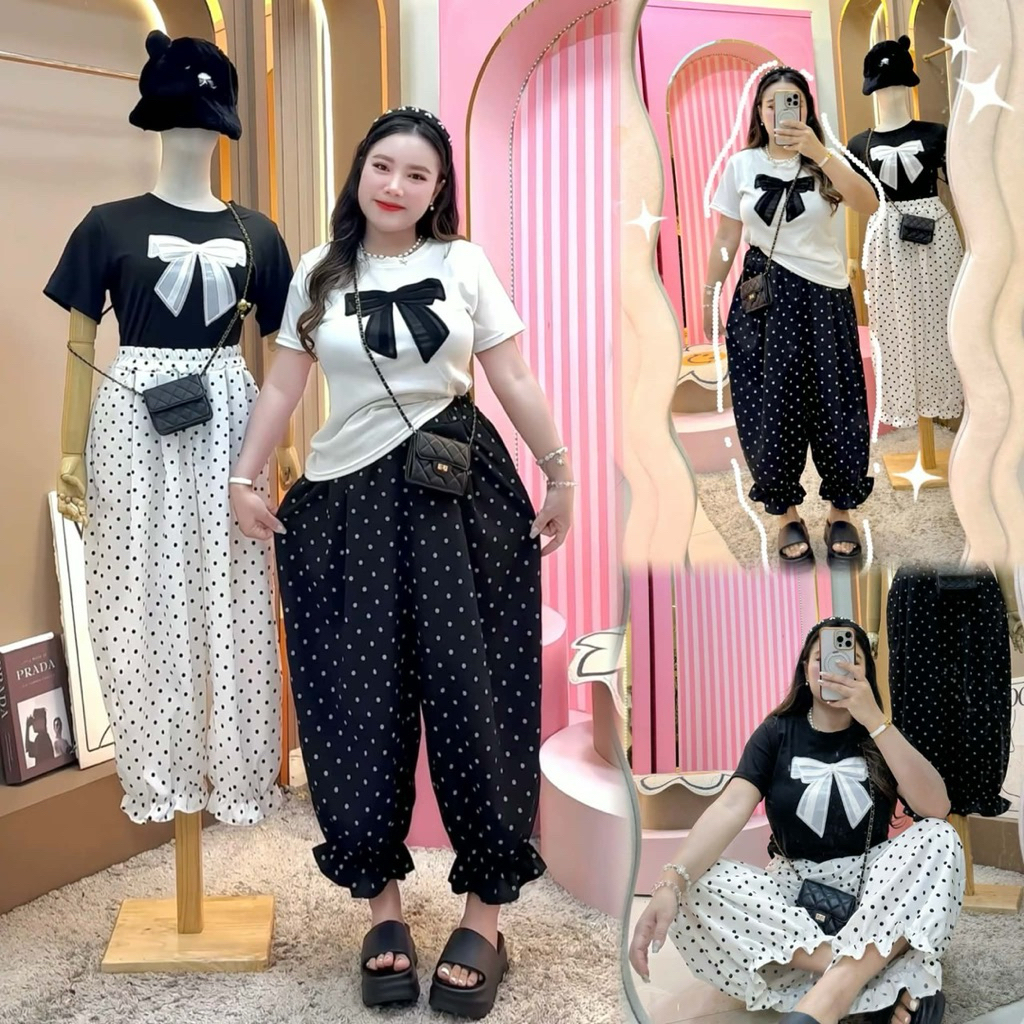 🩵SETเสื้อโบว์กำมะหยี่+กางเกงจุดจิน(ล99+ล4)นี่🩵#สาวอวบ