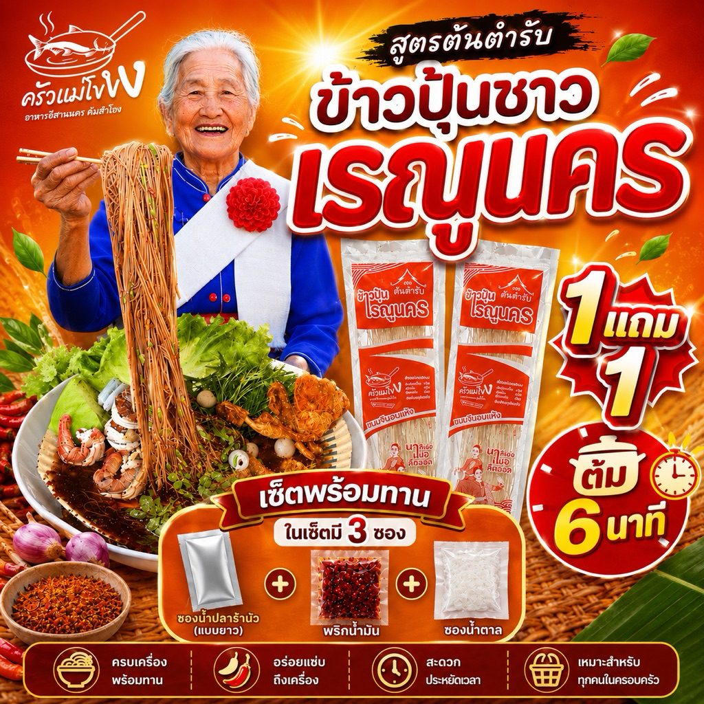 ข้าวปุ้นซาว 1 แถม 1 พร้อมทานครบเครื่อง ขนมจีนต้นตำรับเรณูนคร พร้อมความอร่อยกับชุดน้ำปลาร้า พริก น้ำตาล ต้ม 6 นาที