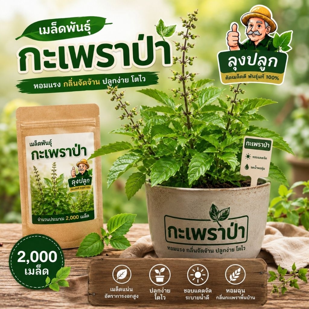 เมล็ดพันธุ์กะเพราป่า2,000 เมล็ด  หอมแรง กลิ่นจัดจ้าน ปลูกง่าย โตไว เหมาะสำหรับสายปลูกผักสวนครัวและปลูกขาย