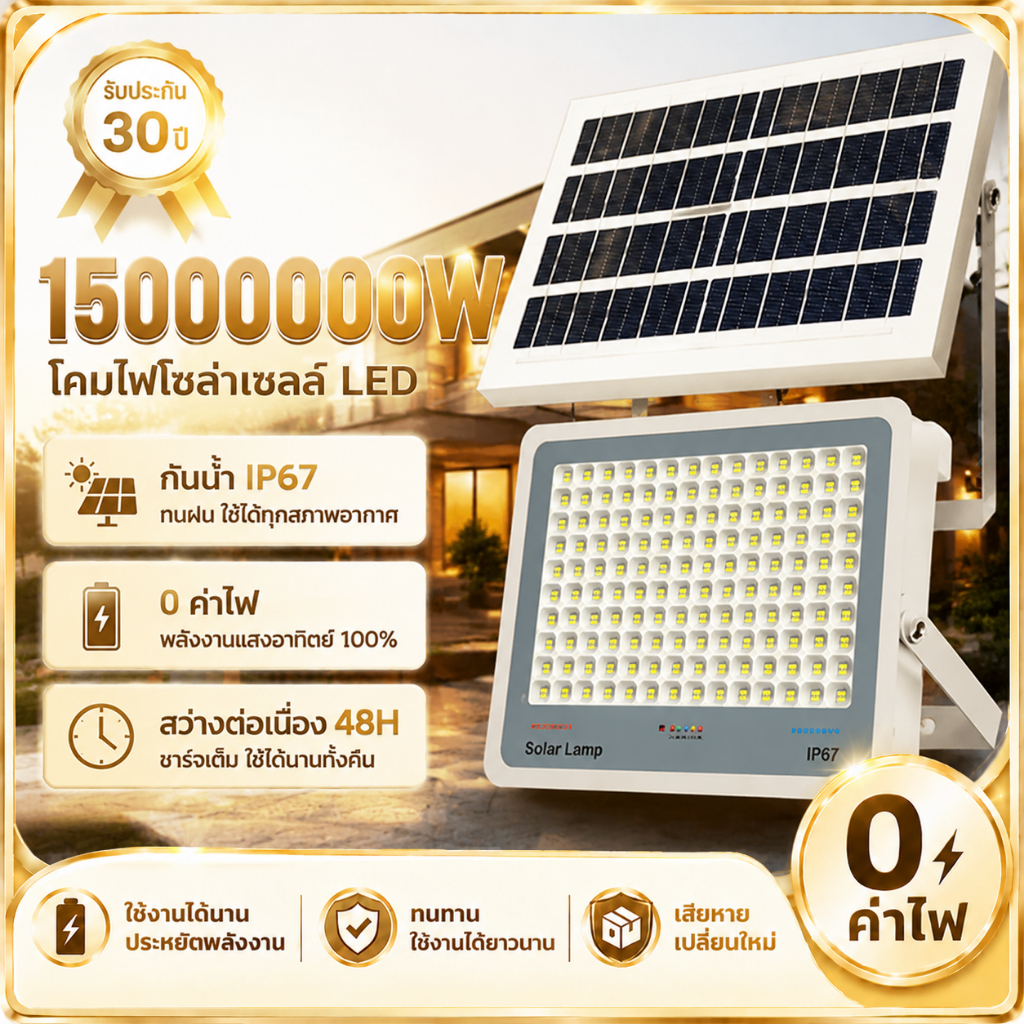 【อัพเกรดใหม่🔥】ไฟโซล่าเซล IP67 กันน้ำ กันฟ้าผ่า 1500000W โซลาร์เซลล์ Solar Light LED เปิดปิดอัตโนมัติ