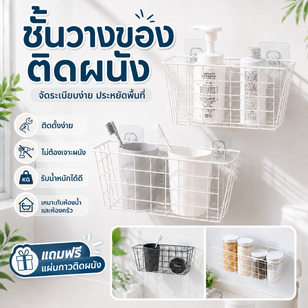 ส่งด่วน 🗑แถมฟรีกาวติดผนัง ตะกร้าติดผนัง 🎉 ชั้นวางของติดผนัง ✔️ไม่​ต้อง​เจาะ​รู​ ชั้นวางของในห้องน้ำ ชั้นวางของในห้องครัว