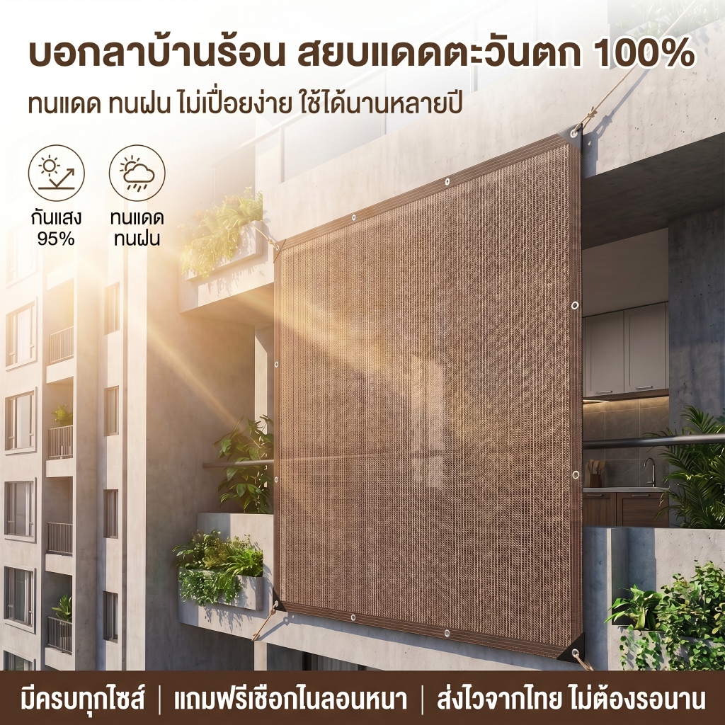 สแลนกันแดด HDPE 90% กัน UV ลดร้อน ลมผ่าน ใช้บังแดดระเบียง/สนามเด็กเล่น/สระน้ำเป่าลม มีหลายขนาด 2x3 2x4 3x5 พร้อมส่ง COD