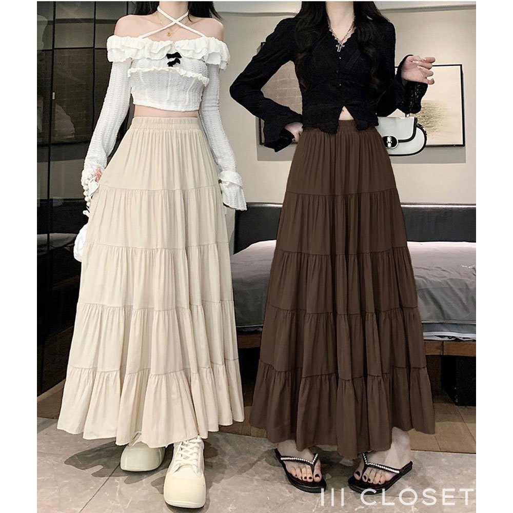กระโปรง lll Freesize lll IT099 แต่งระบายเป็นชั้นๆ 5 ชั้น ทรงบานออก สม็อกรอบเอว เนื้อผ้าไหมอิตาลี ผ้าดี ผ้าไม่ต้องรีด