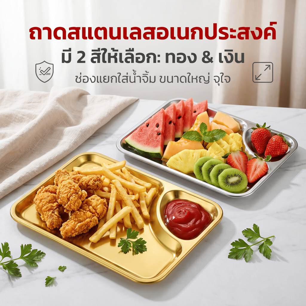 จานวางขนมทานเล่นสแตนเลส304 2ช่อง หนาแน่นทนทาน เหมาะสำหรับร้านอาหารเร็ว ร้านเบียร์ บาร์