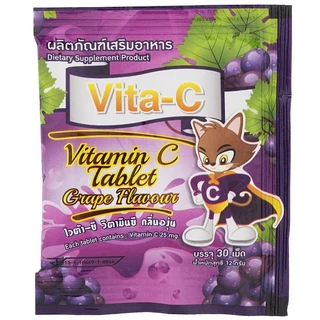 Vita-C (ไวต้า-ซี) วิตามินซีแบบซอง เป็นเม็ดอมกลิ่นผลไม้ บรรจุซองละ 30 เม็ด