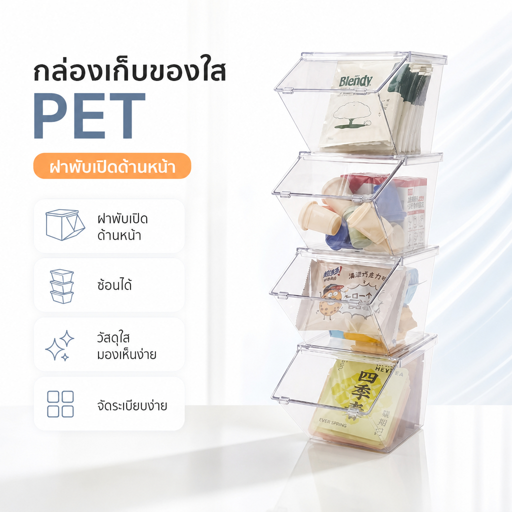 [คุ้มค่าสุดๆ]ซื้อ 9 แถม 7 กล่องเก็บของใส กล่องใส่ลูกอม กล่องใส่ซองกาแฟ กล่องใส่ของแบบมีบานพับด้านบน วางซ้อนกันได้