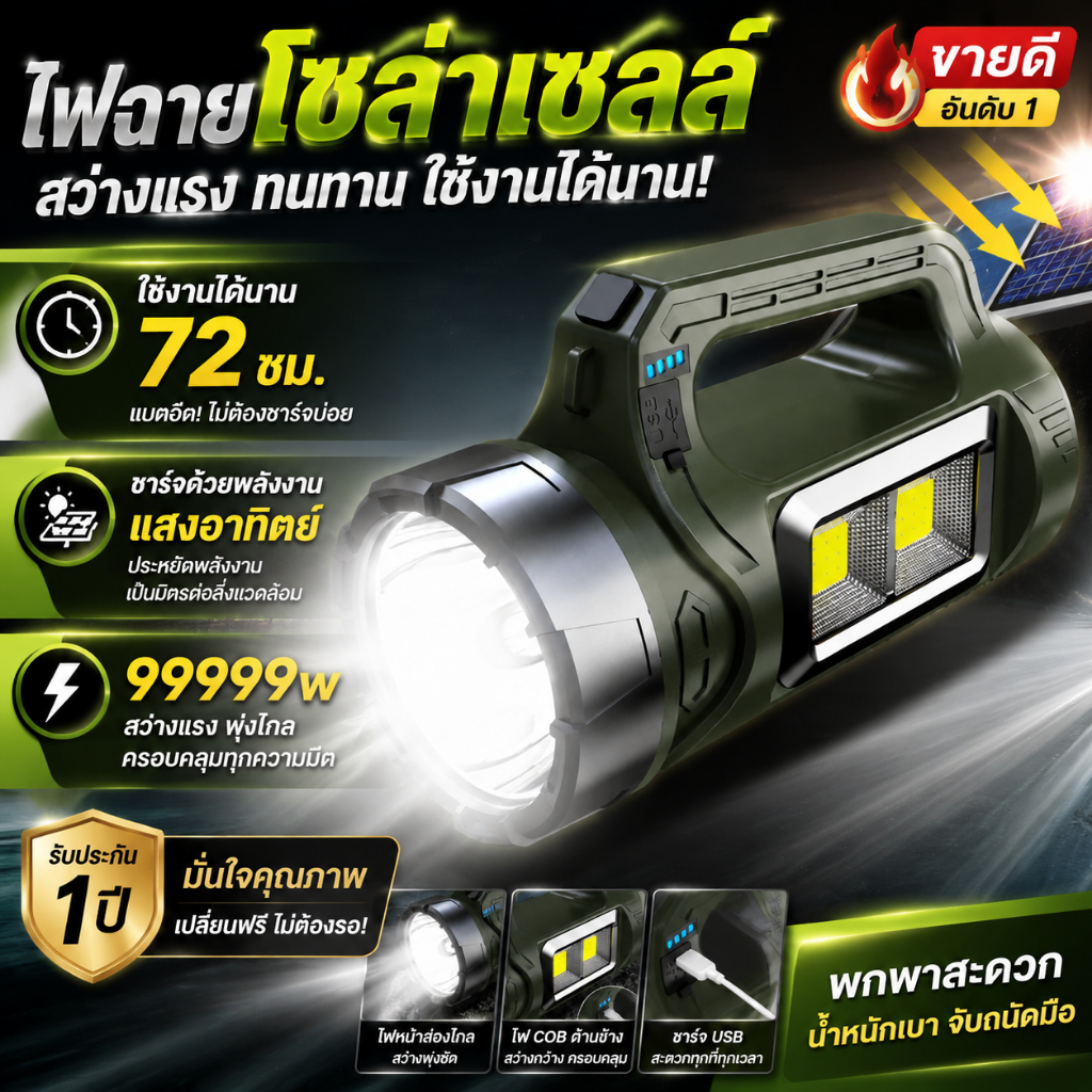 🔥ยิงไกล 10000 เมต🔥ไฟฉายแรงสูง ไฟฉายสปอตไลท์ ชาร์จพลังงานแสงอาทิตย์ ไฟ นฝนกันน้ำ ทนทาน ไฟฉายแรงสูงไกล ไฟฉายพกพา