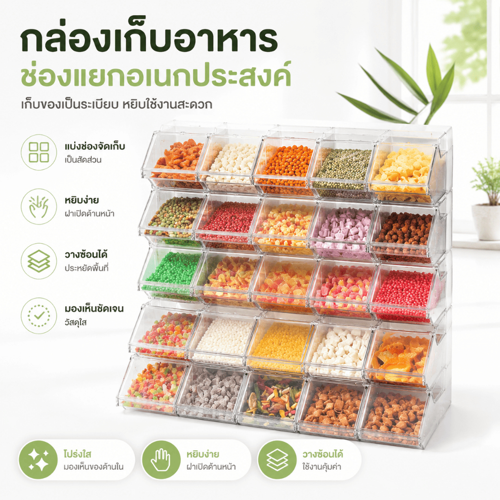 [ซื้อ 9 แถม 7]กล่องเก็บของใส กล่องใส่ลูกอม กล่องใส่ซองกาแฟ กล่องใส่ของแบบมีบานพับด้านบน วางซ้อนกันได้