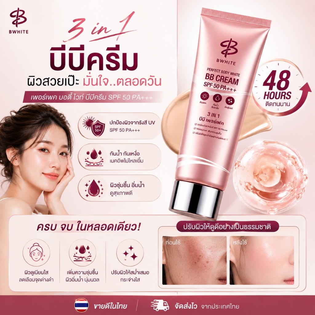 BWHITE บอดี้บีบีครีม 3IN1 กันแดด SPF50 PA+++++ ปรับผิวขาวใส 1นาที กันน้ำกันเหงื่อ ชุ่มชื้นยาวนาน48ชม