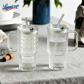 แก้วน้ำแก้วใสสไตล์วินเทจ 720ml มีหูจับ พร้อมฝา+หลอด แก้วกาแฟ/ชานม/น้ำผลไม้ ขนาดใหญ่ ทนร้อน-เย็น