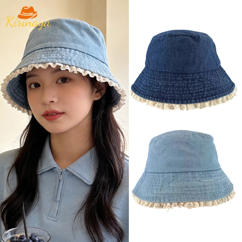 Kirinaya หมวกบักเก็ตผู้หญิง ตกแต่งด้วยลูกไม้ ทำจากผ้ายีนส์ กันแดด แฟชั่น เหมาะสำหรับนักศึกษา-ส่งเร็ว
