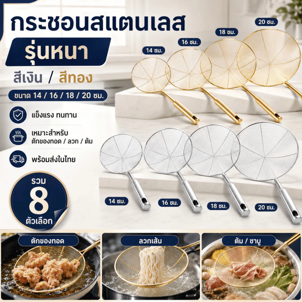 ZTนิยม กระชอนสแตนเลส (รุ่นหนา) สีเงิน/สีทอง ขนาด14/16/18/20ซม.แข็งแรง ทนทาน สำหรับตักของทอด/ลวก/ต้ม