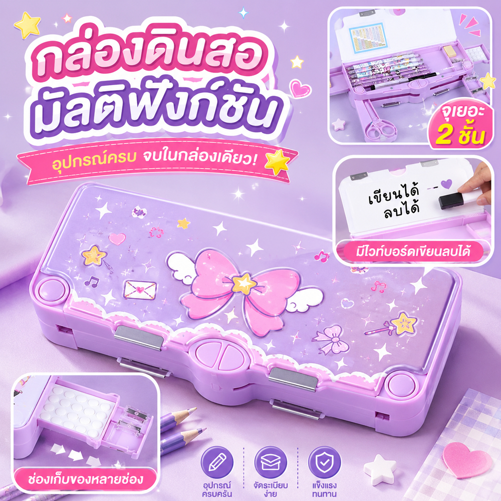 กล่องดินสอเปิดสองด้าน 2 ชั้น กล่องใส่เครื่องเขียนเด็ก ลายการ์ตูนน่ารัก จุของเยอะ