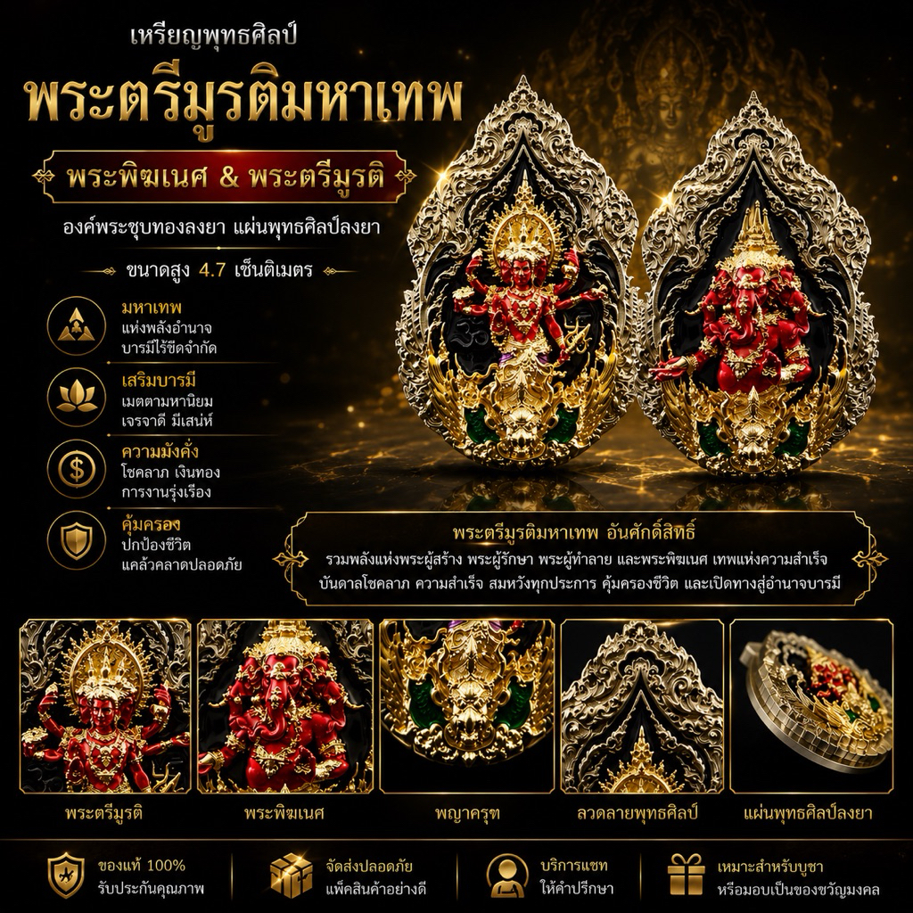 เหรียญพระตรีมูรติมหาเทพ พระพิฆเนศ & พระตรีมูรติ ขนาดสูง 4.7 เซ็นติเมตร องค์พระชุบทองลงยา แผ่นพุทธศิลป์ลงยา