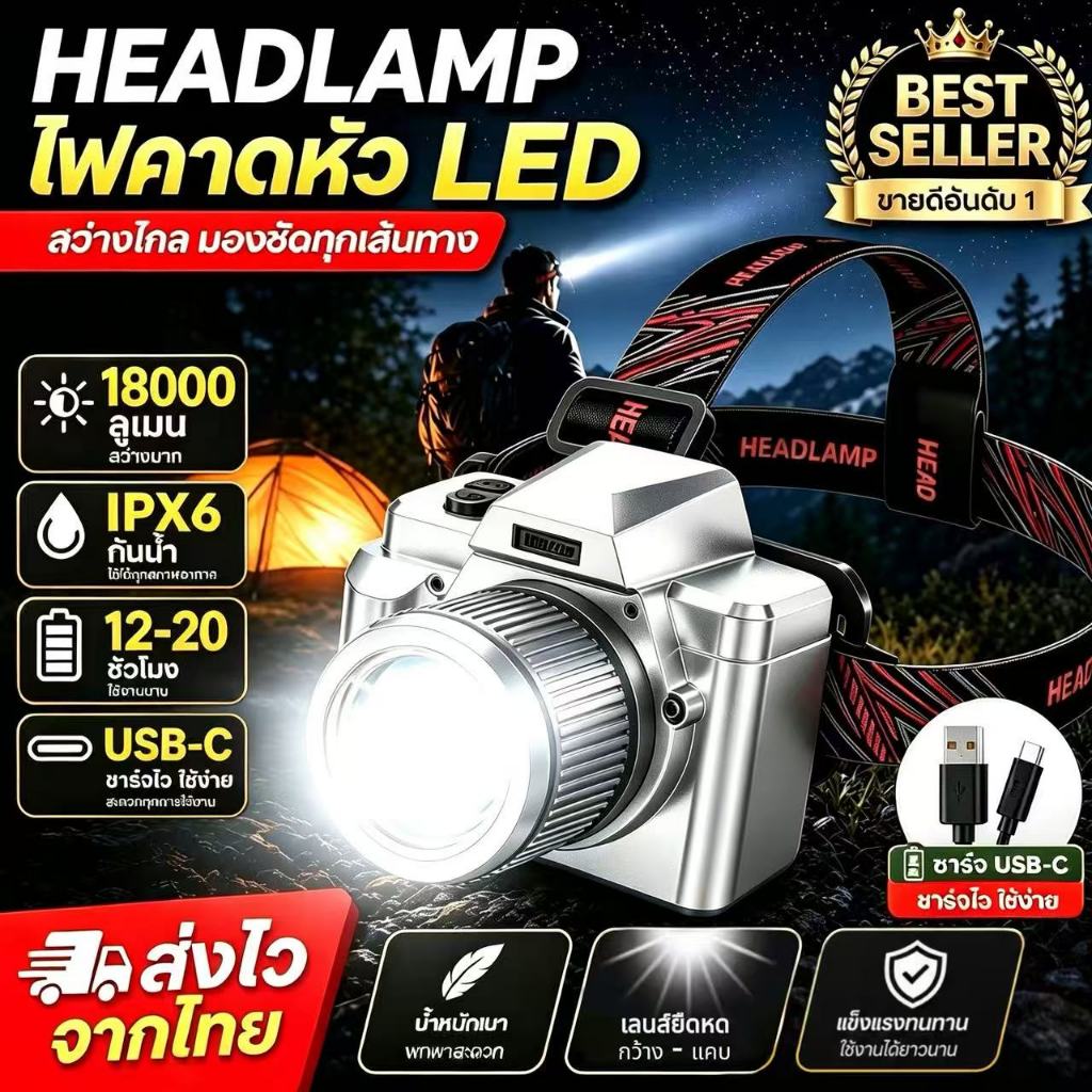ไฟฉายคาดหัวแท้LEDกันน้ำ ไฟส่องกบ แบตอึด ไฟฉายแรงสูง ไฟสายคาดหัว ไฟฉายแบบชาร์จ หม้อแบตคาดหัว โลหะ ไฟแบบพกพา