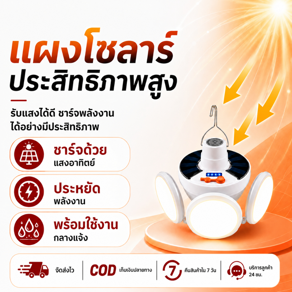 ไฟฟุตบอล LED โซล่าเซลล์ พับได้ มีตะขอ ปรับแสง5ระดับ ชาร์จUSB พกพา ใช้กลางแจ้ง