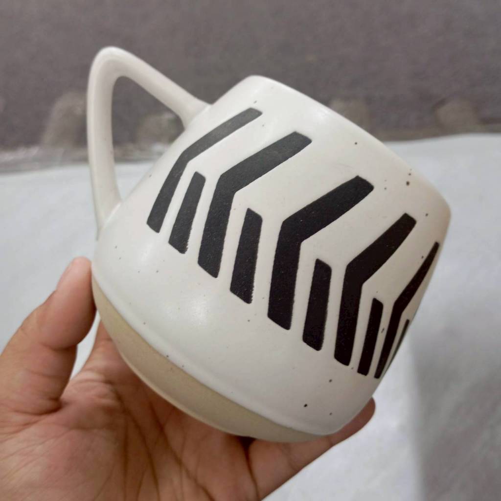 แก้วเซรามิก แก้วกาแฟ แก้วทรงอ้วนลายขีด coffee mug ทำจากเซรามิกเนื้อดี เข้าไมโครเวฟได้