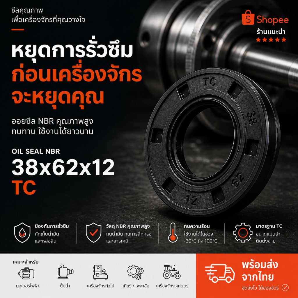 ออยซีล 38-62-12 38x62x12 OIL SEAL NBR 38-62-12 TC อะไหล่ซีลแท้ 100% ส่งจากไทย